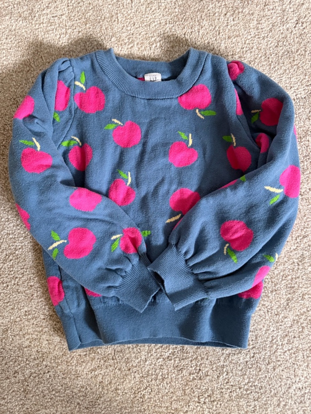 GAP Blue Crewneck Sweater with Pink Apple Print